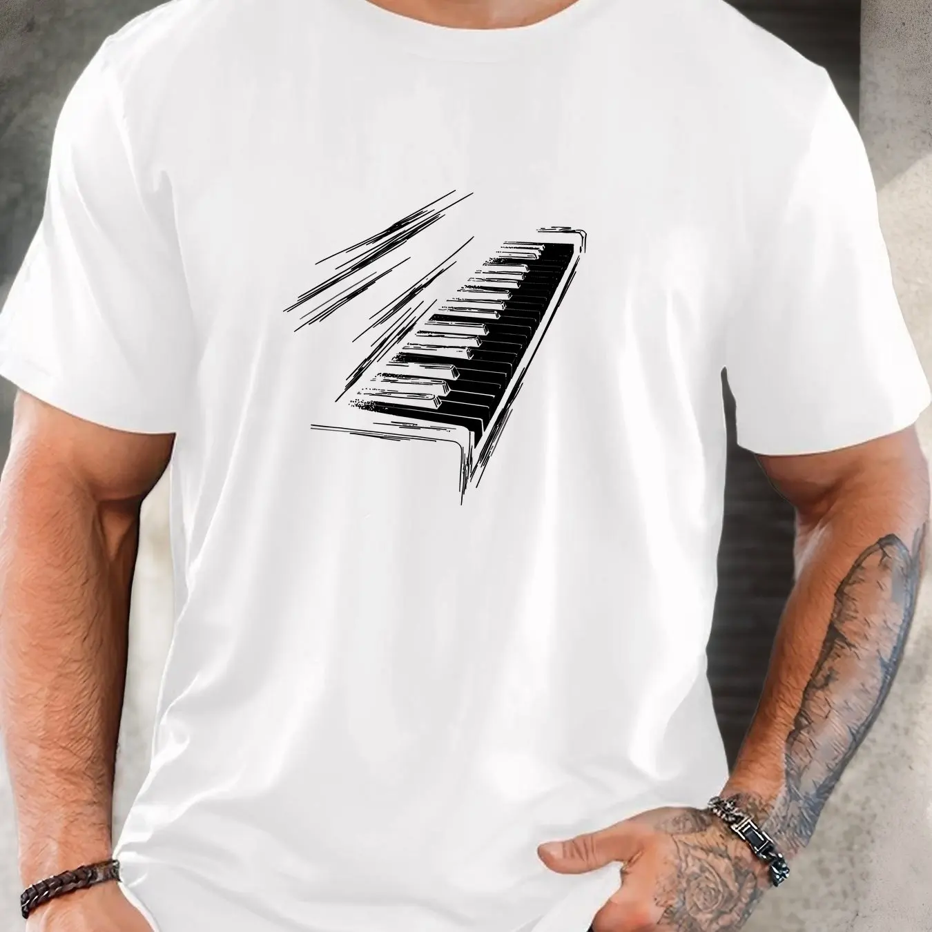 Men'S Casual T-Shirt with Vibrant Piano Graphic Short Sleeve Round Neck Breathable for Casual Attire Men Clothing Comfortable