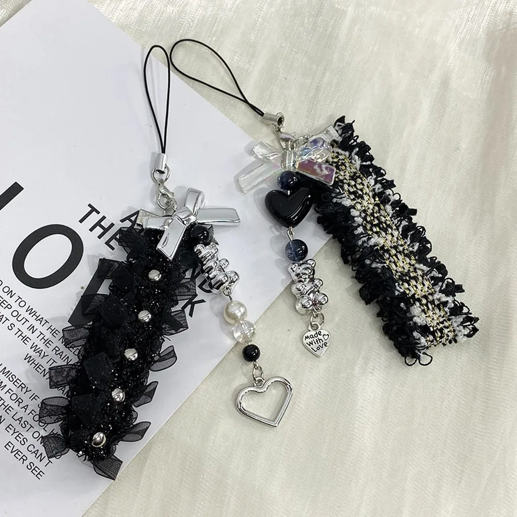 Cute Sweet Style Lace Heart Charm Key Chain Decorative Hanging Keychain for Mobile Phone Heart Pendant Keyring Key Ring Charm