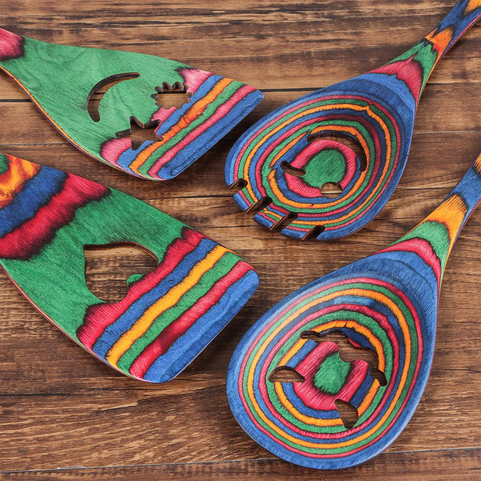 

Pakkawood Material Wooden Cooking Spoons Colorful Design Hooks Included Kitchen Utensils 6-Piece Set