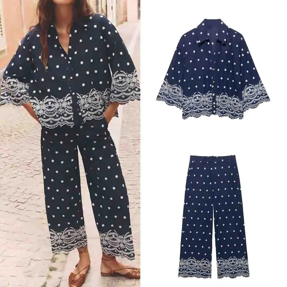 

Women's 2025 New fashion casual single breasted lapel embroidered shirt retro long sleeved women's shirt chic top+Pants suit