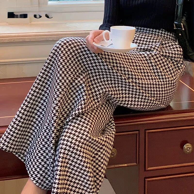 

Autumn Fashion Casual Houndstooth Loose Wide Leg Trousers Women Vintage Elegant Y2K Female Long Pants Streetwear Clothes J235