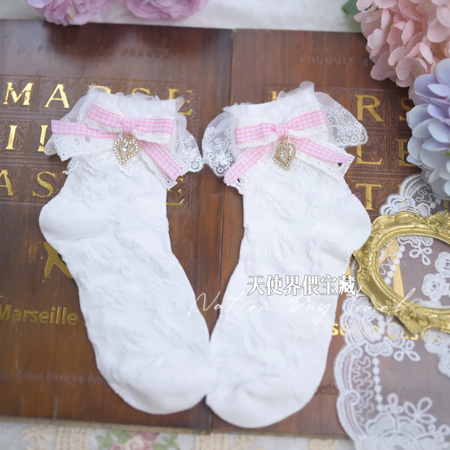 Lolita Ankle Socks with 3D Strawberry, Red & White Lace Trim Kawaii Socks, Bow & Heart Charm Handmade Gift for Women view 4