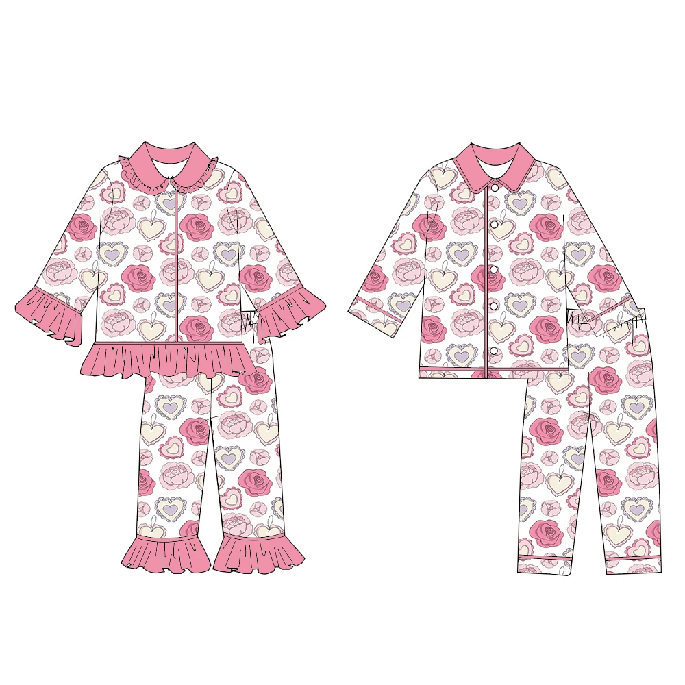 

Rose glass ball print Valentine's Day Lace Pjs Set for BoysGirls Long-Sleeved Button-Up Top Elastic Waist Pants Custom Wholesale