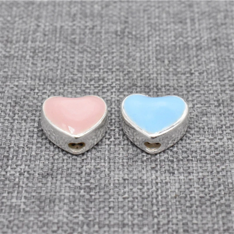 2 Pieces 925 Sterling Silver Pink Blue Heart Beads with Enameled for Love Necklace Bracelet DIY