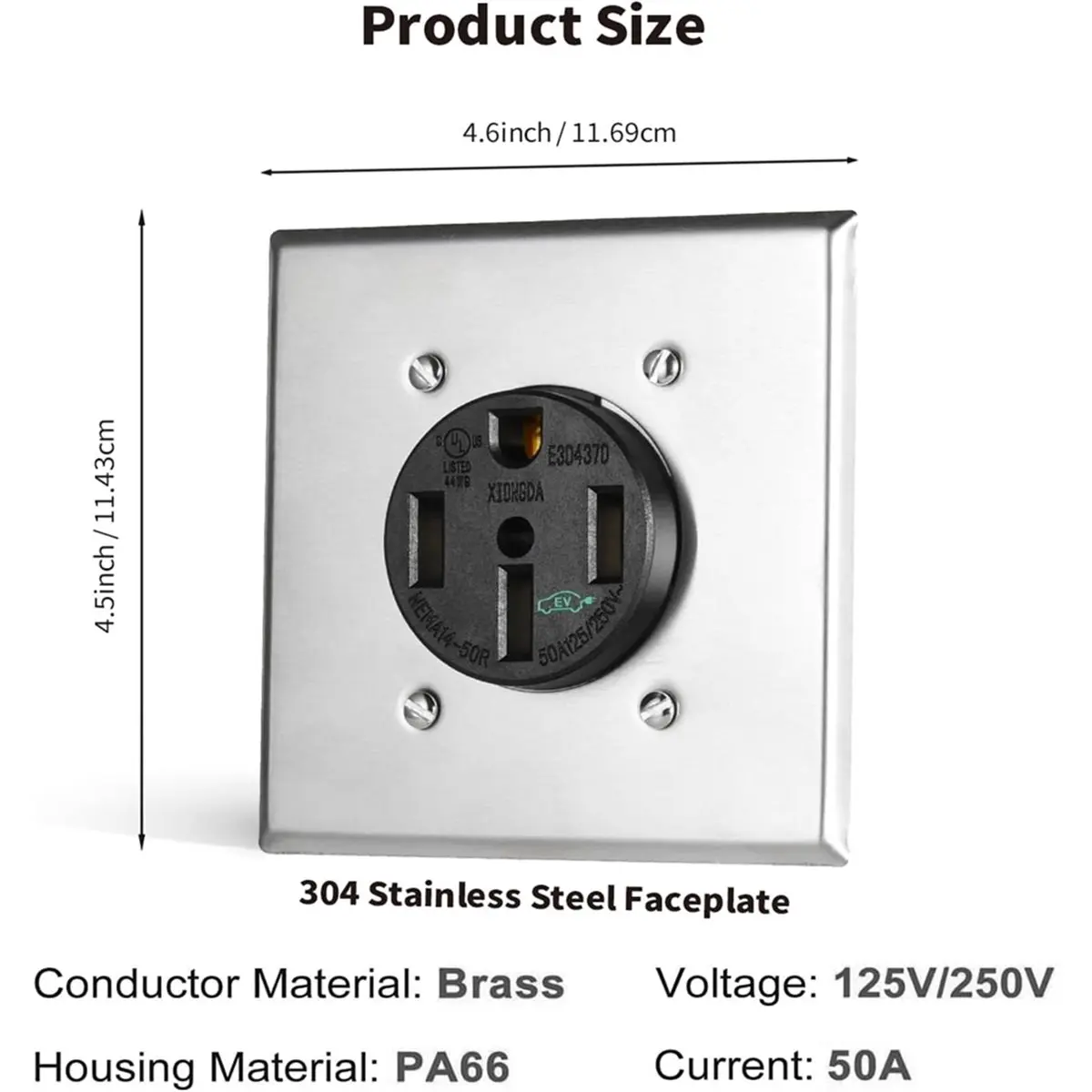 【AT48】 NEW 50Amp NEMA 14-50R EV Charging Receptacle with Stainless Steel Wall Plate,125/250V 3-Pole 4-Wire Grounding for EV,RVS