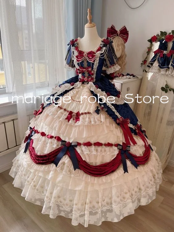 

Navy Blue Burgundy Princess Evening Dresses Outfit Victorian Pleated Ruched customsize Corset Lolita Halloween Cosplay Prom Gown