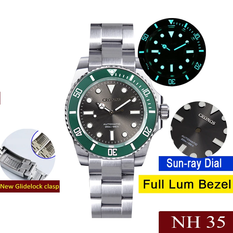 CRONOS Men Automatic Watch Military 40mm Mechanical Wristwatch BGW-9 Luminous Diver 20ATM Waterproof Sapphire NH35