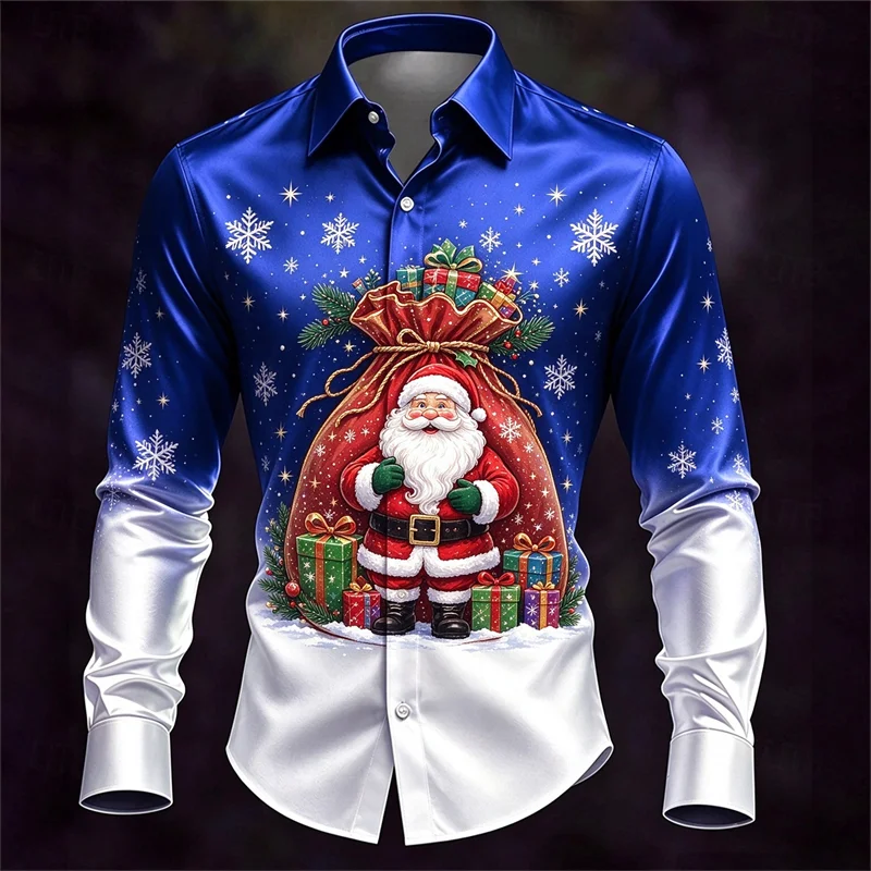 New men's shirt in navy blue and white, Santa Claus gift, snowflake pine branch 3D printed slim fit Christmas shirt