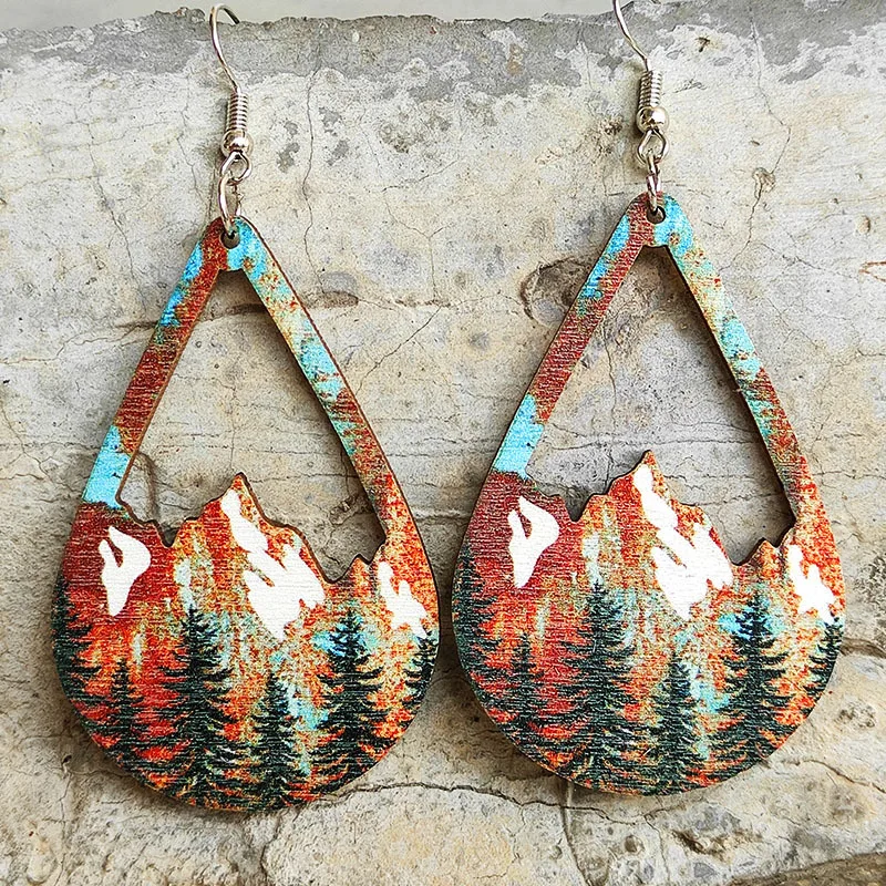 Vintage Snow Mountain Forest Earrings Colorful Hollow Boho Wood Earrings for Women Fashion Jewelry Gifts Wholesale