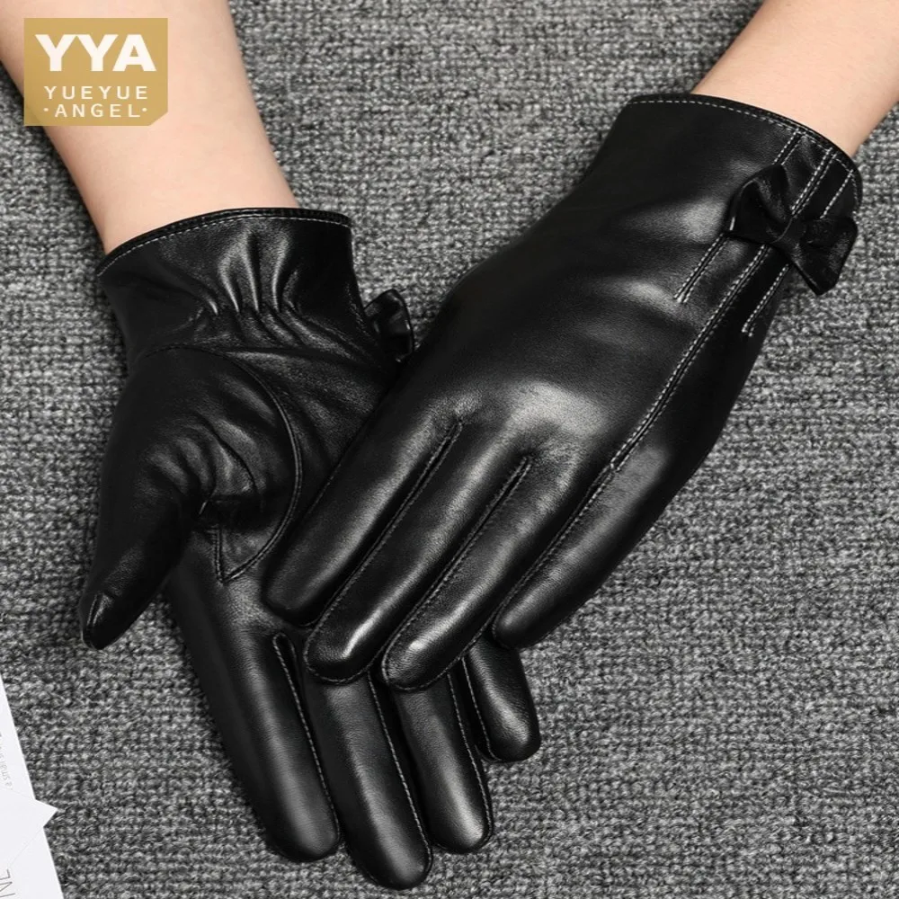 

Winter Women Thick Warm Fleece Lining Sheepskin Genuine Leather Bowknot Elegant Ladies Driving Gloves Touch Screen Black