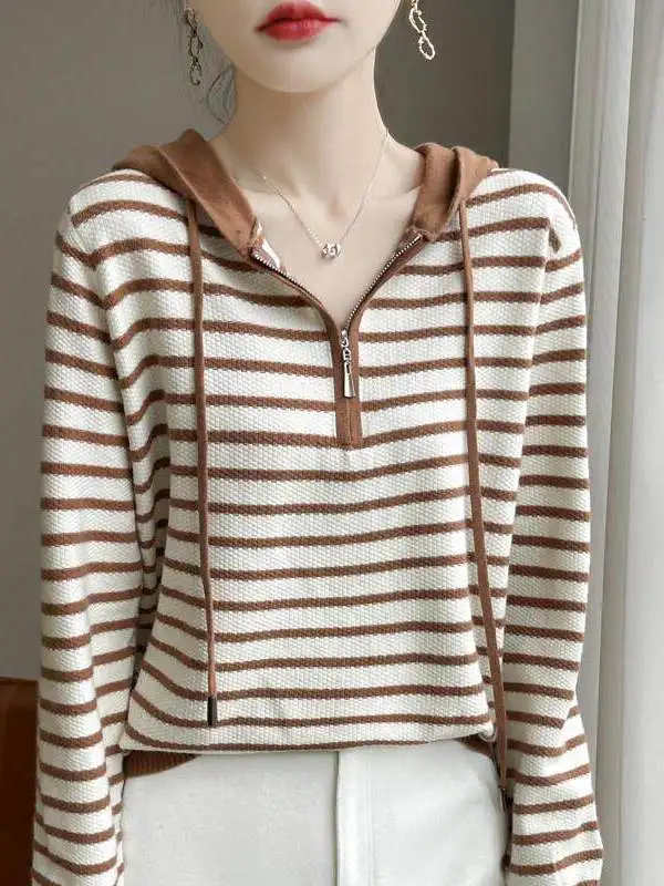 Slimming Striped Knitted Hoodie Casual Loose Base Layer Shirt Half Zipper Women's Fashion Anti-Aging Sweater Winter Wear