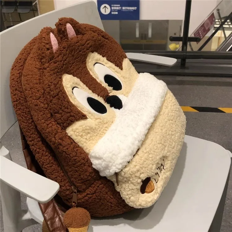 Disney Chip \'n\' Dale Plush Backpack Anime Cartoon Large Capacity Zipper Student Girl Travel Bag Fashion Cute Chipmunk Chippy Bag