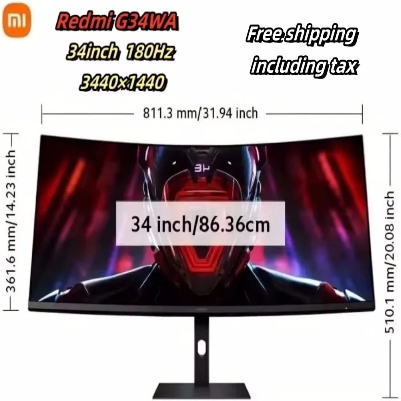 Xiaomi Curved Gaming Monitor 34-inch 3440×1440 180Hz High Reshed Rate 1ms FreeSyncl Calibration 95% DCI-P3 100% sRGB*  Monitor