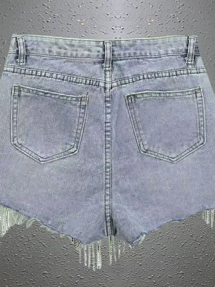 [EWQ] Luxury Diamond Chain Tassel Edge High Waist Straight Wide Leg Denim Shorts Blue Pant For Women 2024 Spring Summer 16U8986