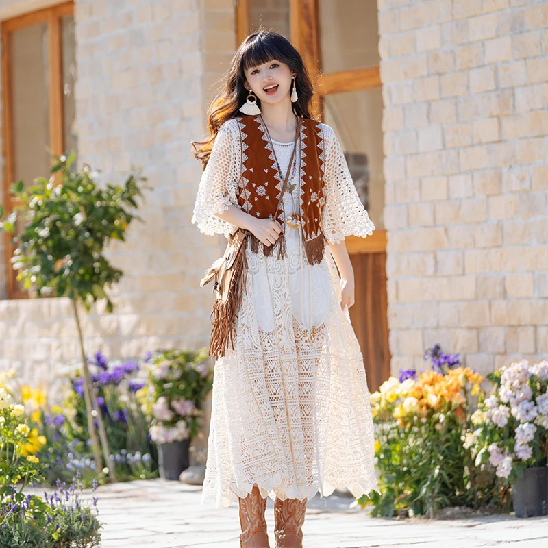 Gilet long amincissant pour femme, en maille ajourée à motif floral crocheté, coupe ample, en polyester, pour le printemps et l'automne...