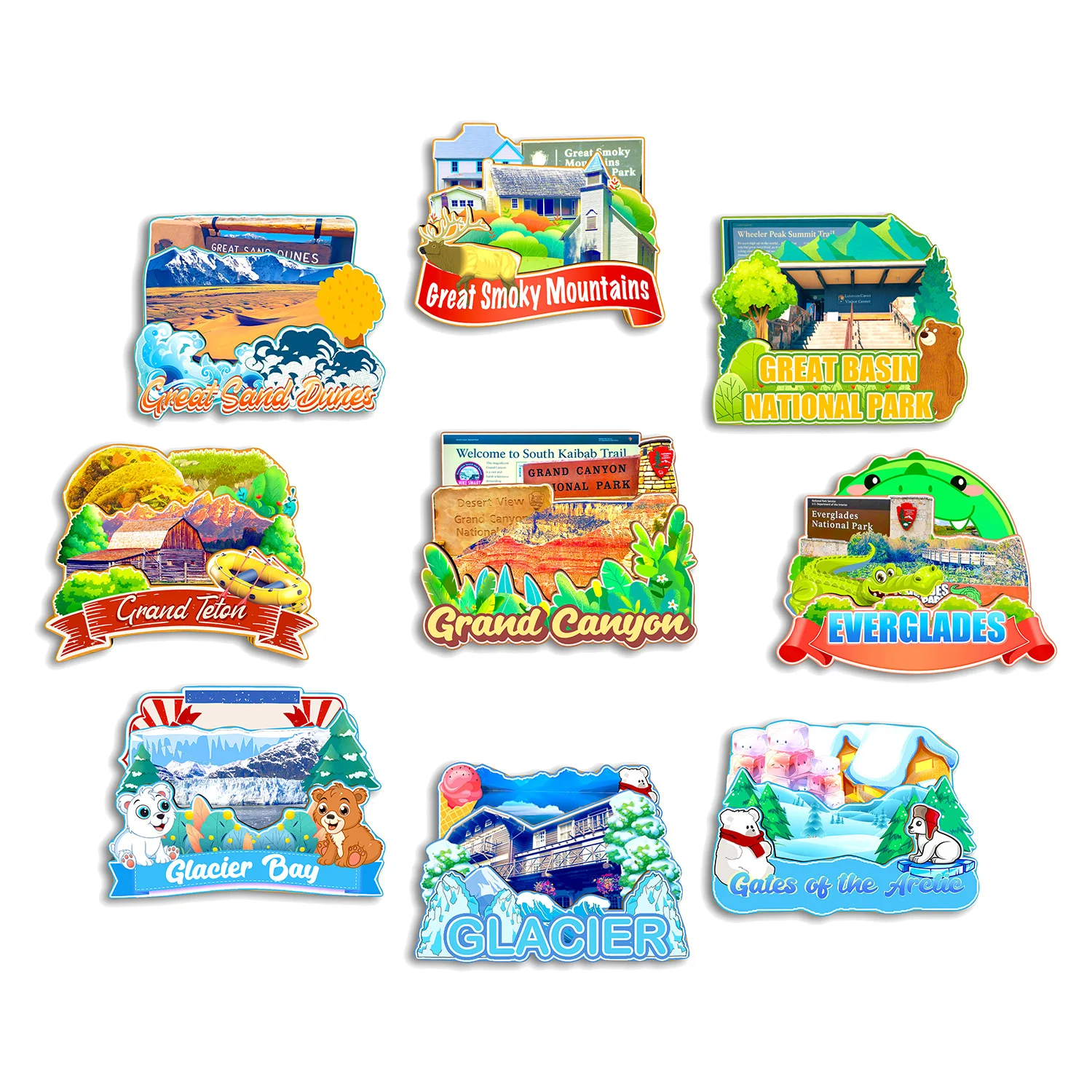 Everglades Gates of the Arctic Glacier Glacier Bay Grand Canvon Grand Teton Gran lavabo Gran Dues de arena Parque nacional + Refrigerador de EE. UU.