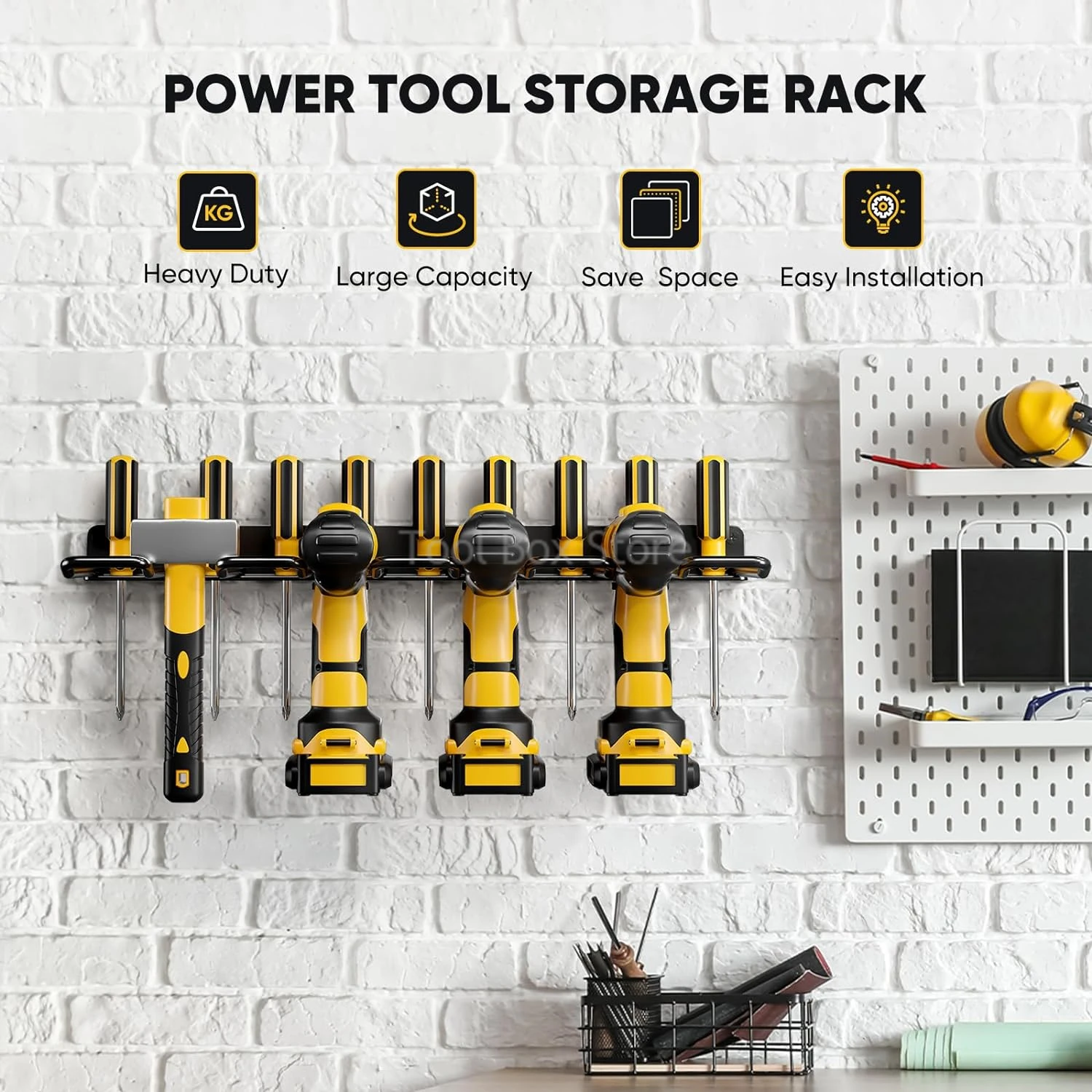 Hand Power Tool Organizer Rack 2-Layer Wall Mounted Electric Drill Holders Heavy Duty Floating Tool Cabinet for Workshop Garage