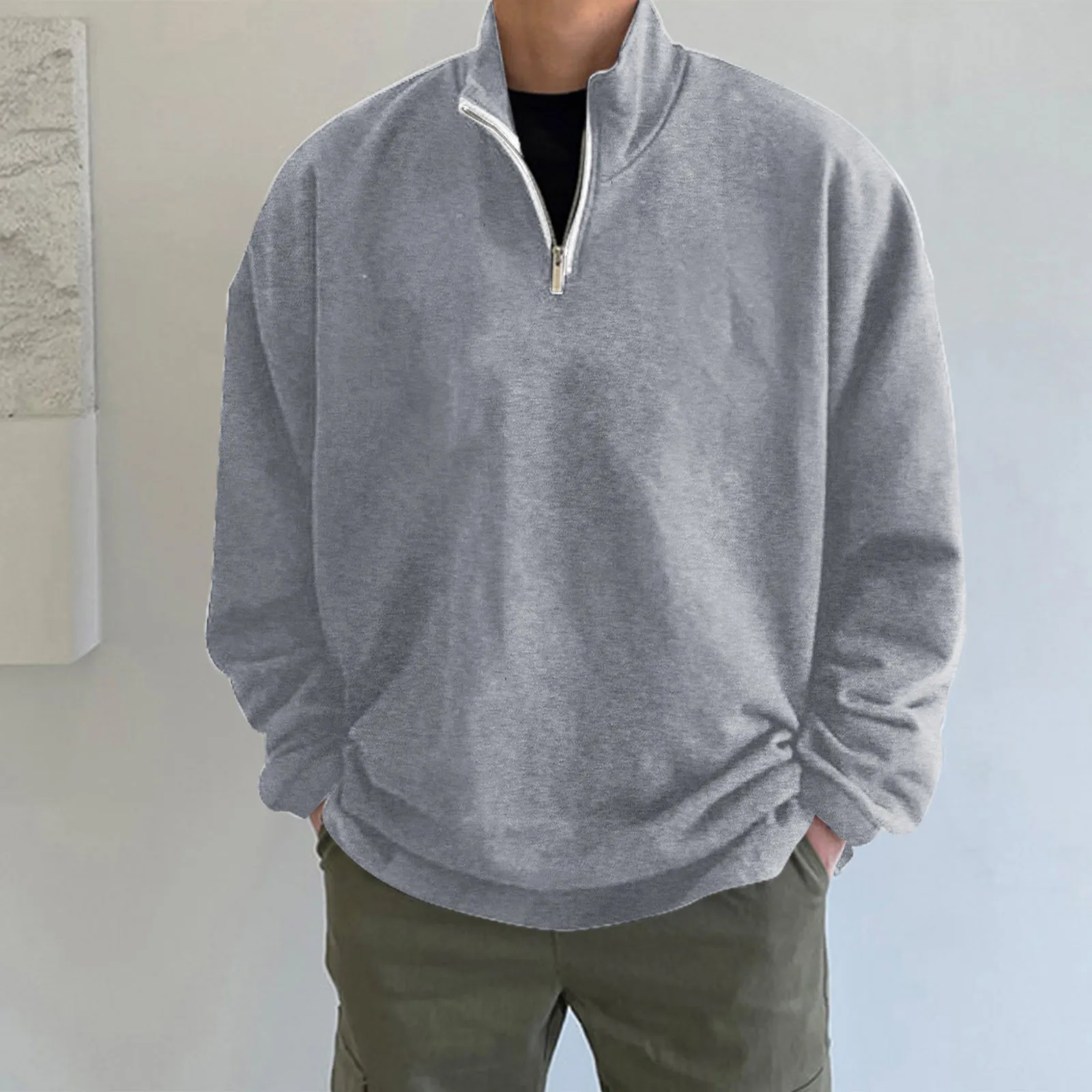 Male Autumn And Winter Fashion Casual Hoodies Oversize Loose Fit Zipper Solid Color Stand Collar Hoodless Pullover Tops