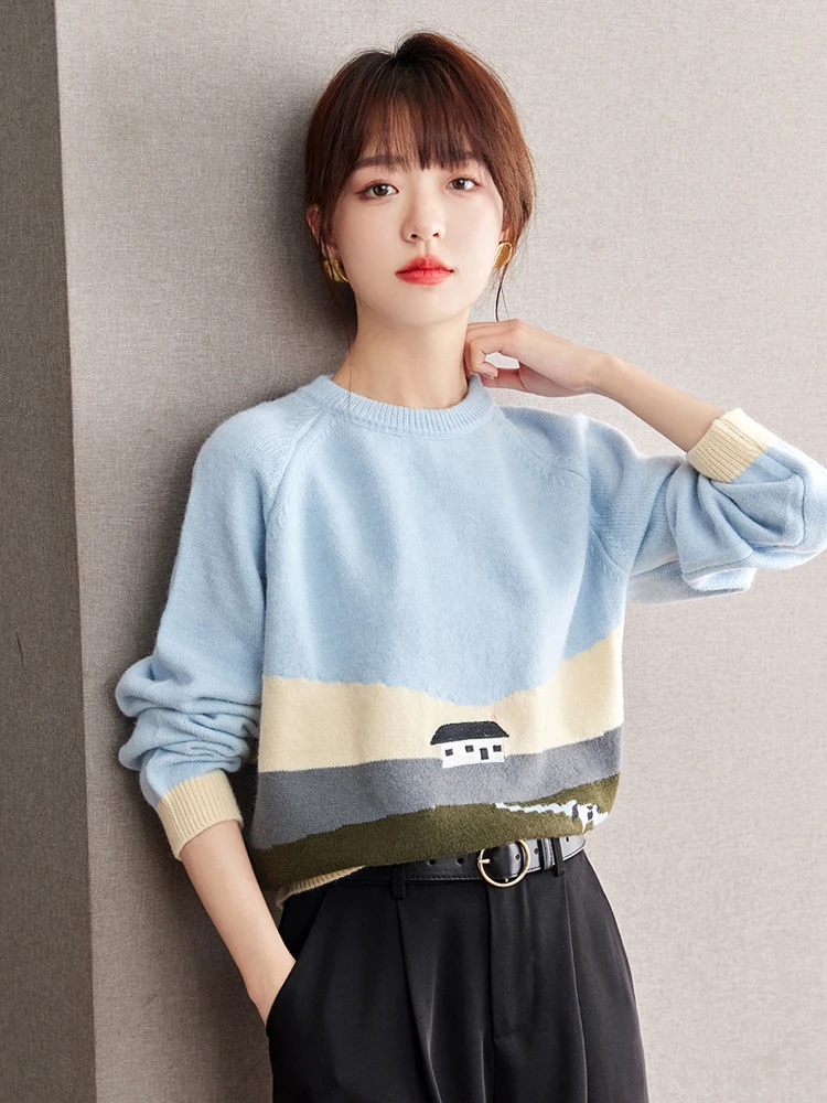 Autumn Winter Fashion Jacquard Pattern Pullover Sweater Casual Round Neck Contrast Color Pullover Knitted Tops