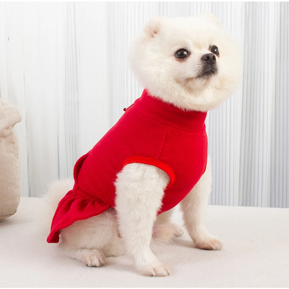 Solid Color High Collar Fleece Pet Dress Pullover For Small Dogs Princess Dress Classic Pockets Hook Dog Clothes Pet Supplies