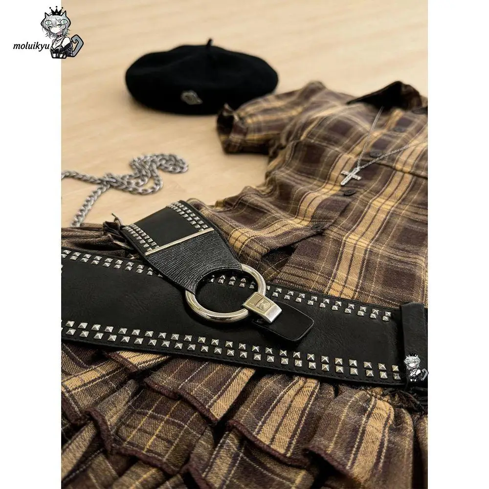 Y2K Grunge Brown Plaid Shirt Dress Women Puff Short Sleeve Collar Tiered Ruffle Mini Dress Gothic Vintage Streetwear Dresses view 3