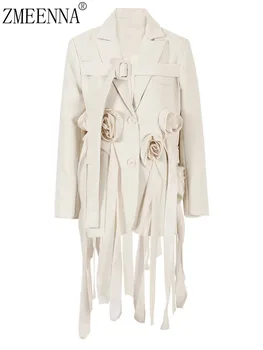 ZMEENNA Fiore Beige Irregolare Giacca Lunga Donna Nuovo Risvolto Manica Lunga Giacca Allentata Moda Marea Primavera Autunno 2024 ZM542