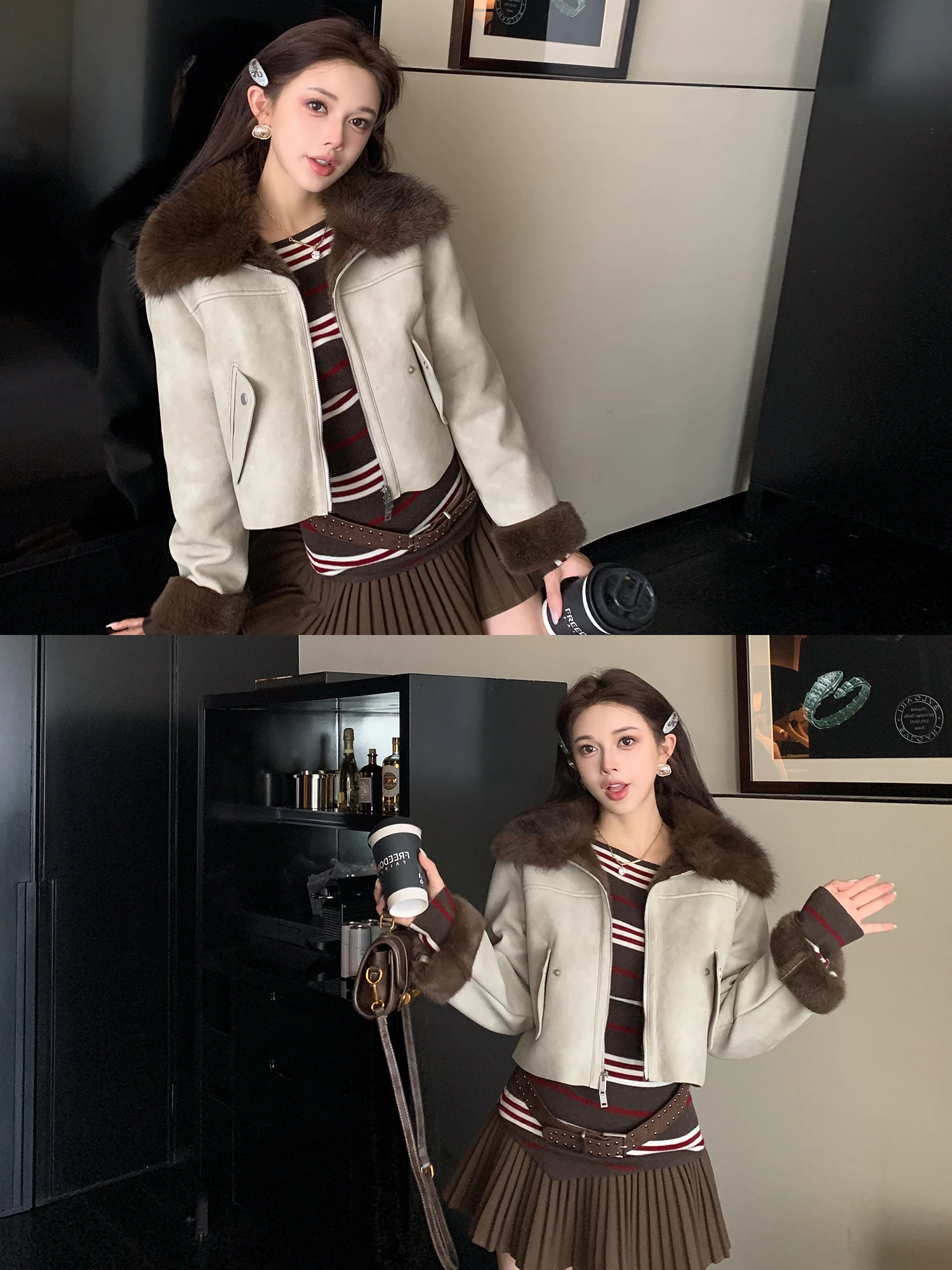 

LADIES FIRST Women's Retro Workwear Sle Jaet with Large Fur Collar Color Blo Design Winter ort Outerwear