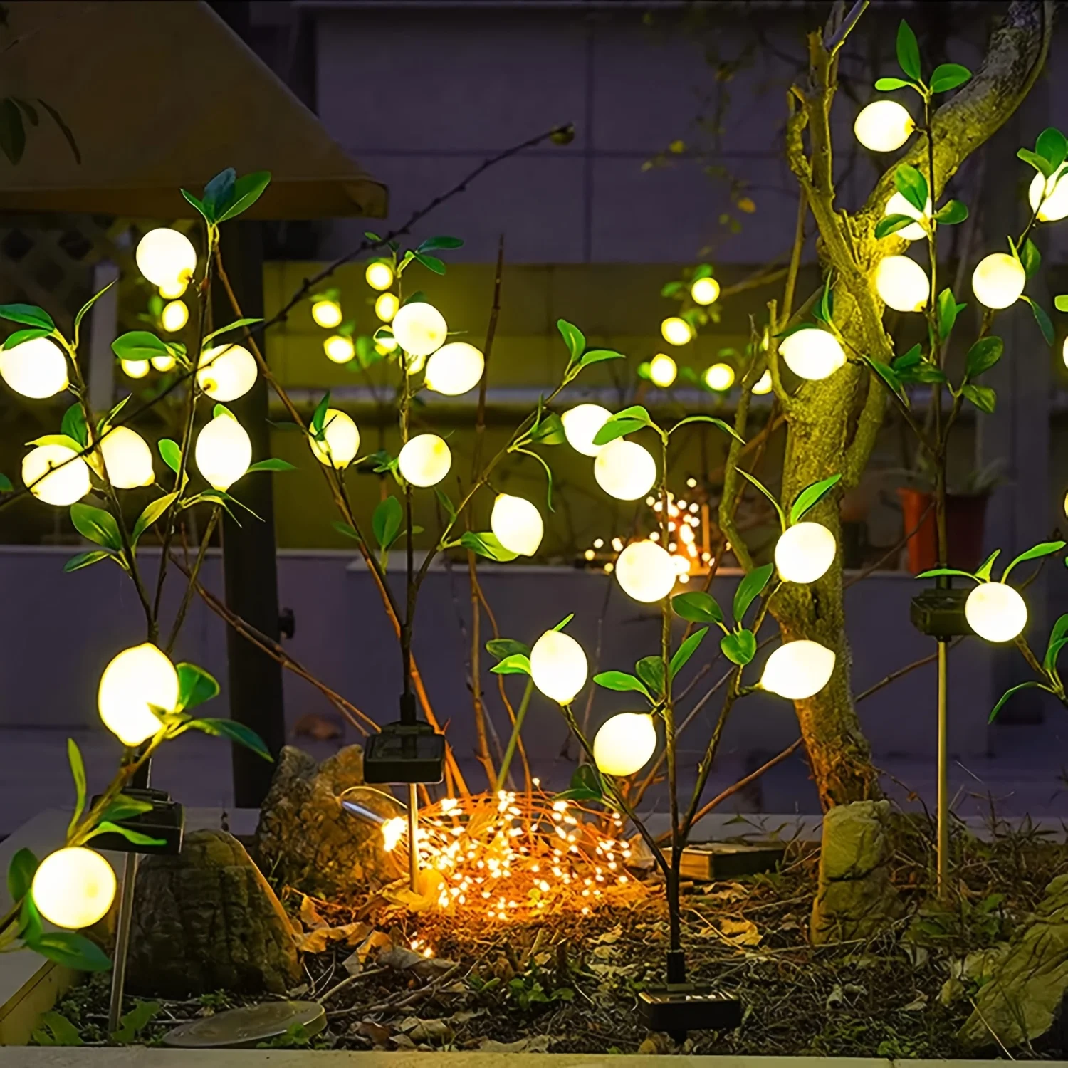 Outdoor Solar Courtyard Lights, 2/4 Packs Of Solar Flower And Tree Lights with Realistic Lemons, LED Solar Lights, Courtyard Garden Lawn Channel Decorative Lights, Outdoor Stake Landscape Lights