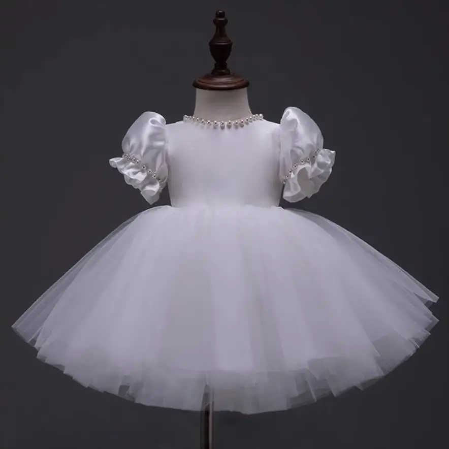 

New Children's Princess Evening Gown Bow Pearls Design Infant Wedding Birthday Baptism Eid Party Girls Dresses A3292