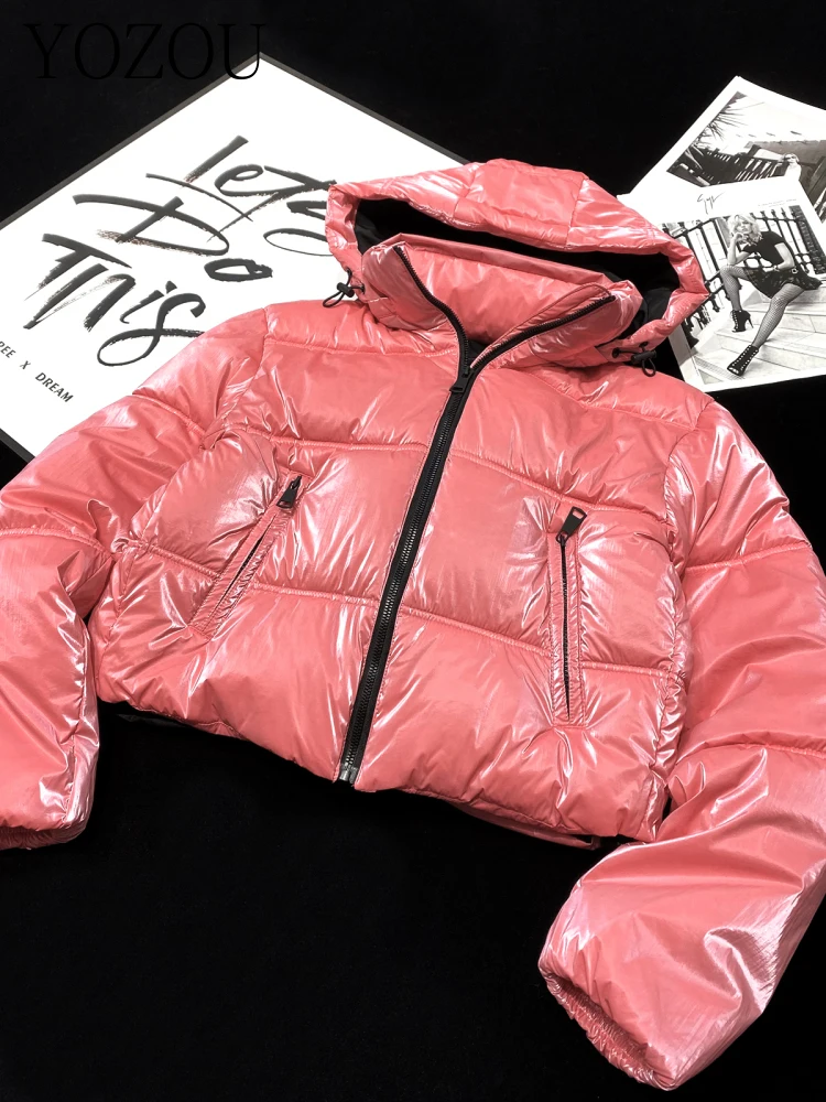 [YOZOU] Winter Luxury Barbiecore Shiny Pink Hooded Short Padded Puffer Jacket Parkas Outwear Thick Zipper Coat Youthful Women