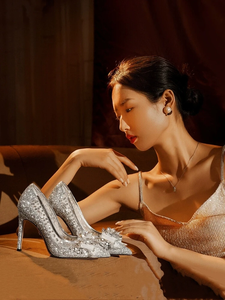

Spring pointed sequin pearl rhinestone butterfly wedding shoes thin high-heeled banquet dress large size small size women's shoe