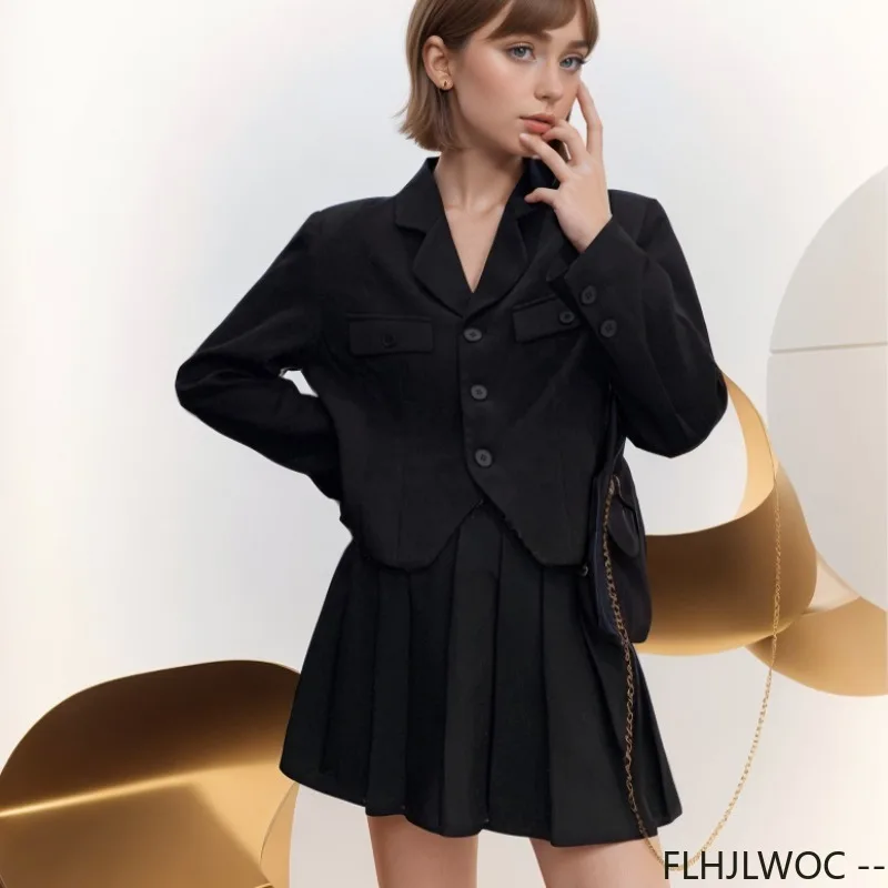 Women Outfits Short Jackets Blazers Sets Chic Korea Japan High Street Cute Sweet Girls Double-Breasted Tops Pleated Skirts Suits