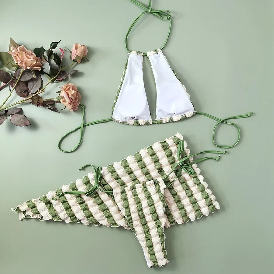 Three Piece Bikini Women 2024 Patchwork Color Lattice Swimsuit Skirt Bathing Suit High Waist Thong Summer Beachwear Swimwear New