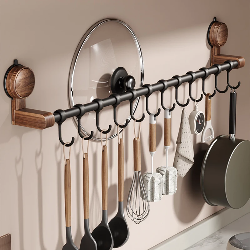 Walnut Suction Cup Kitchen Hooks Multi-Functional Utensil Rail Spatula Spoon Wall Organizer Space Saving Cookware Storage Rack