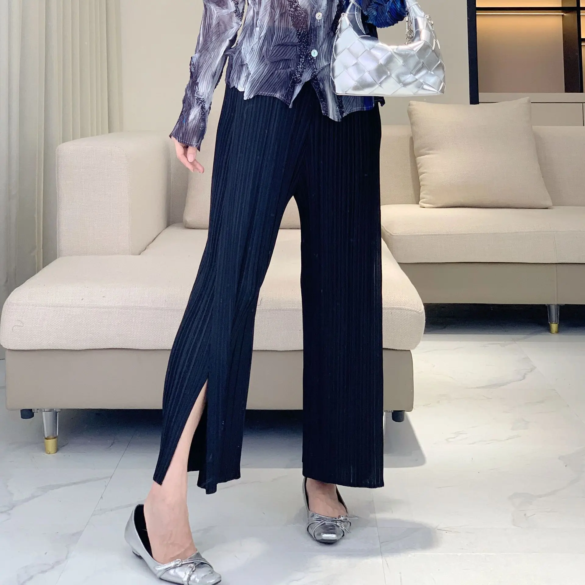 Miyake Fold 2025 New Simple Split Pants Women's Loose Fashion Versatile Casual Pants High Waist Fold Straight Leg Pants