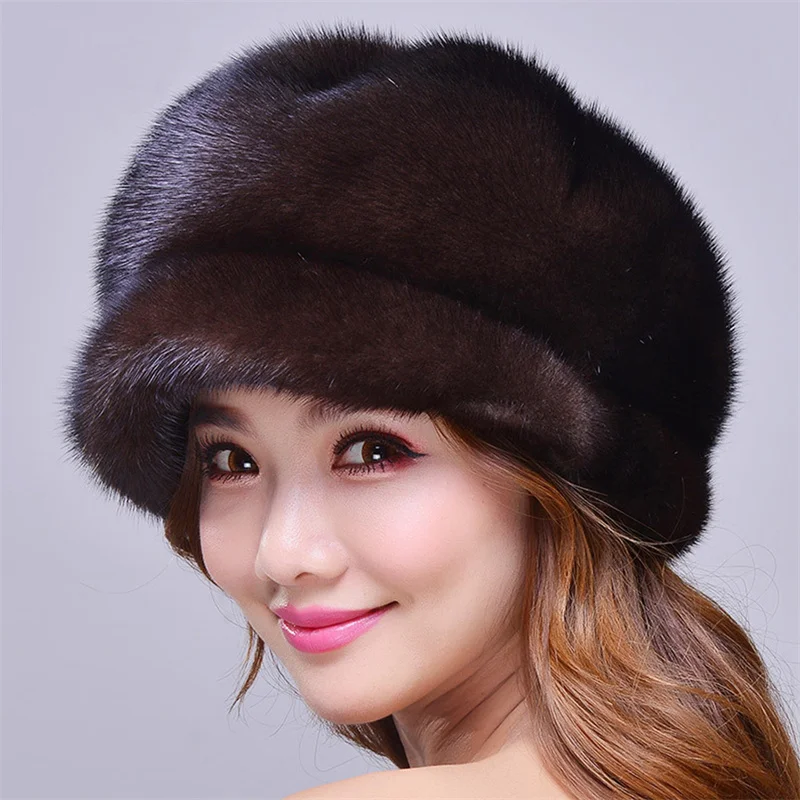 Women\'s Winter New Fur Hat Luxury Natural Mink Fur Warm Hat Fashionable Big Elastic Soft Thickened Windproof Fur Hat