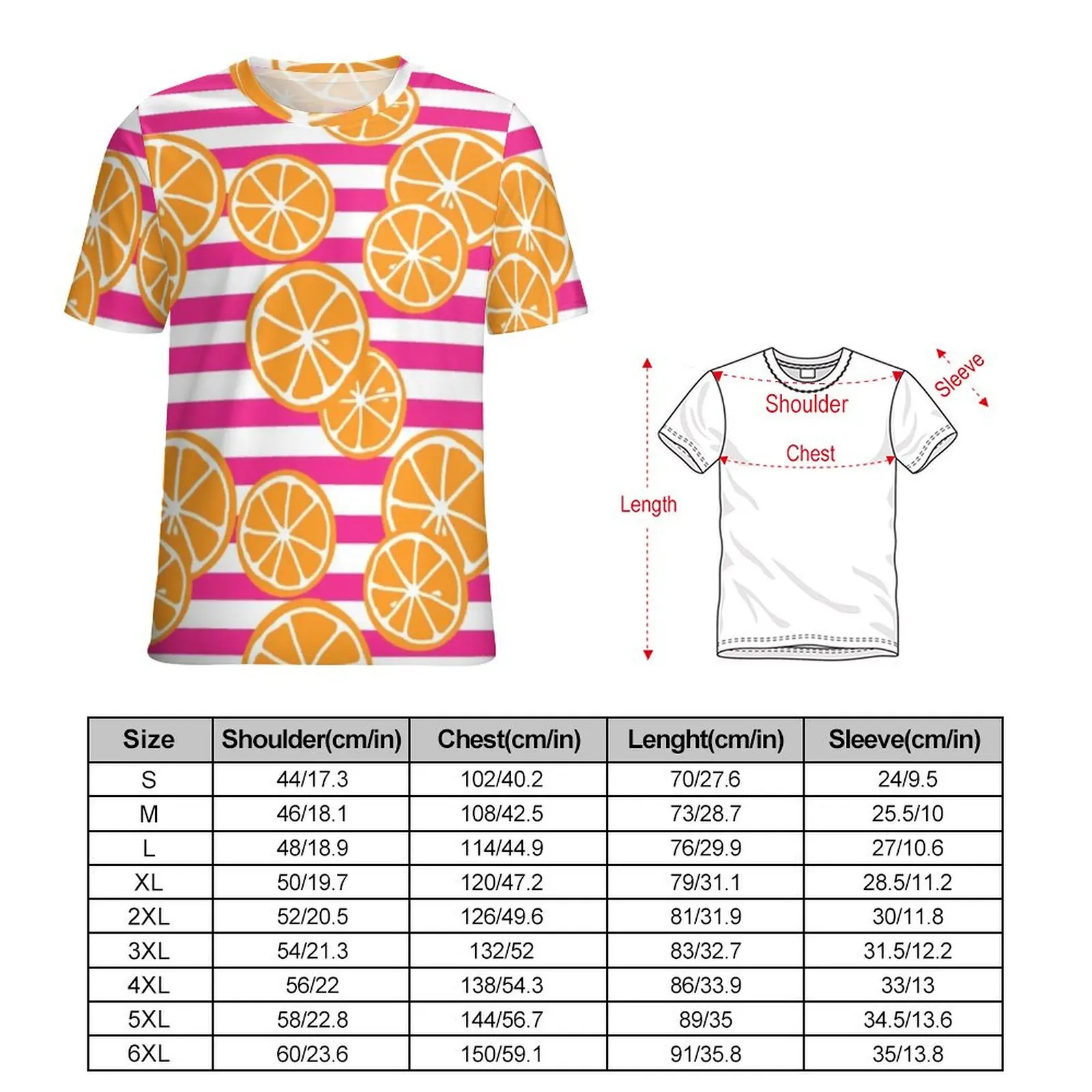 Oranges Slices T Shirt For Man Pink and White Stripes Design O Neck T Shirts Beach Harajuku Clothes Short-Sleeved Plus Size Tees