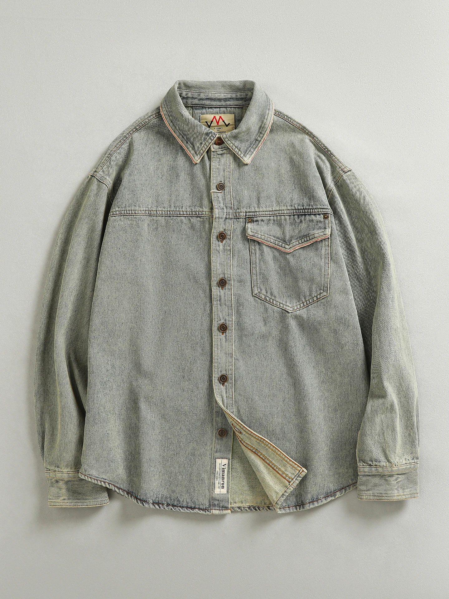 

Retro Style Men's Denim Shirt Cotton Washed Outwear Jacket Patchwork Edging Heavyweight Vintage American Trend Youth Wear
