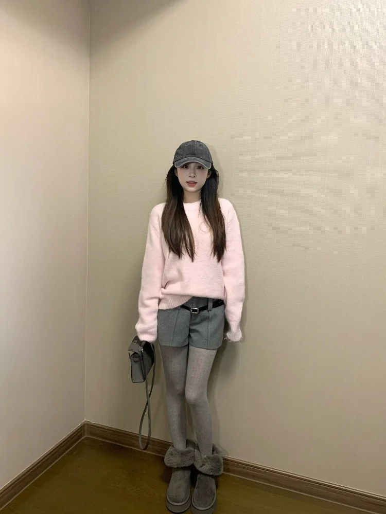 

Свободный повседневный круглый пуловер Ne, трикотаж, женский топ, розовый корейский Sle FEMPILOT, свитер с внутренней стороны возраста, поездка на работу Faion