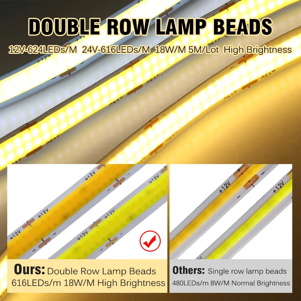 COB LED Strip DC 12V 24V 624LEDs 616LEDs Double Raw Flexible LED Light High Brightness 18W/M 3000K 4000K 6000K 5m/lot