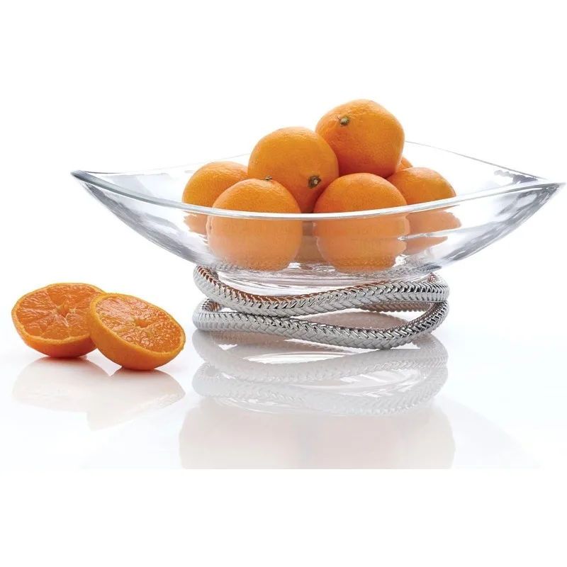 Braid Centerpiece Bowl ,Fruit Display Bowl,Decorative Bowl for Table Décor or Kitchen Counter, Chrome Plate and Glass