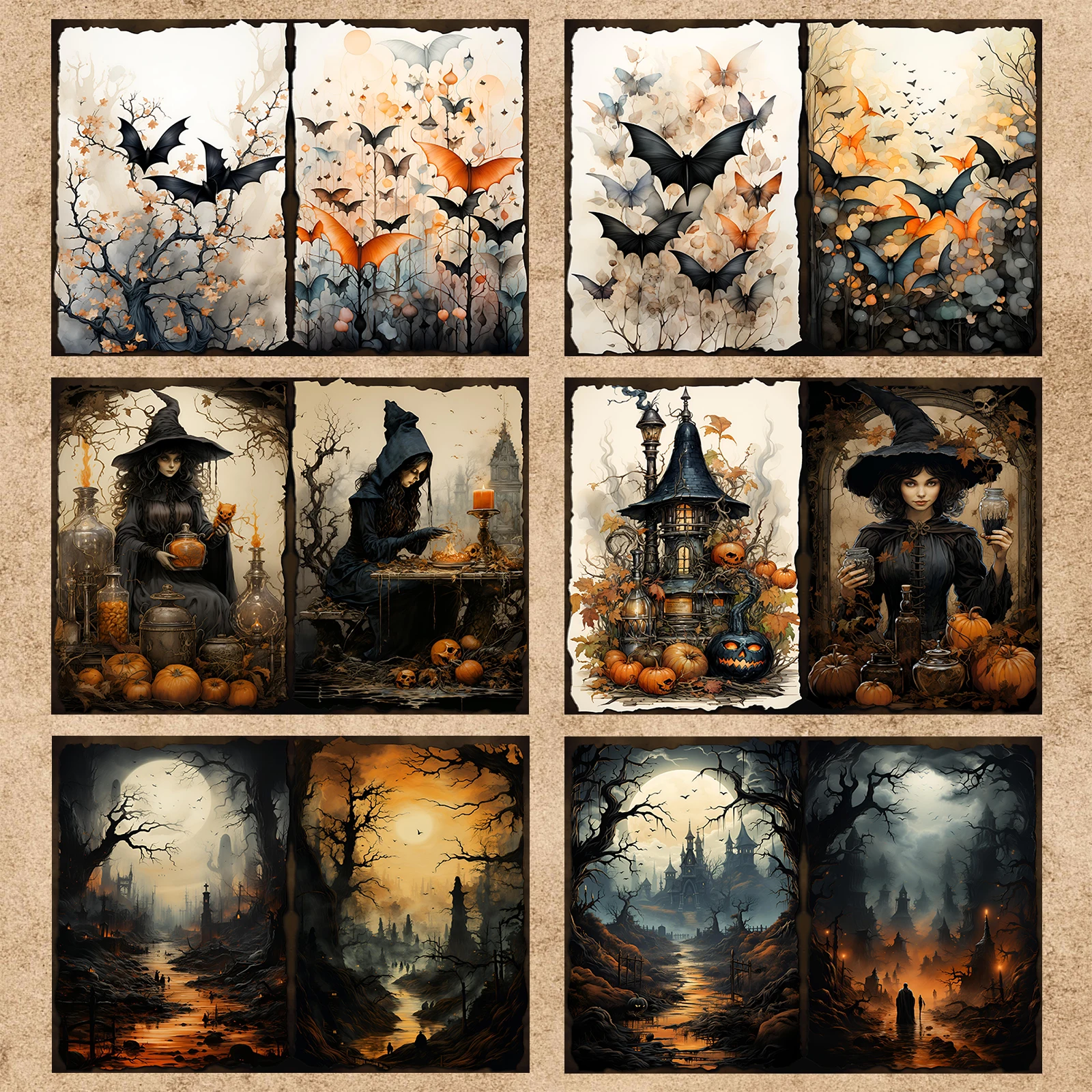 11 Sheets A5 Size Halloween Cute Black Cat Witch Bat Background Vintage Grunge Journal Planning Scrapbooking