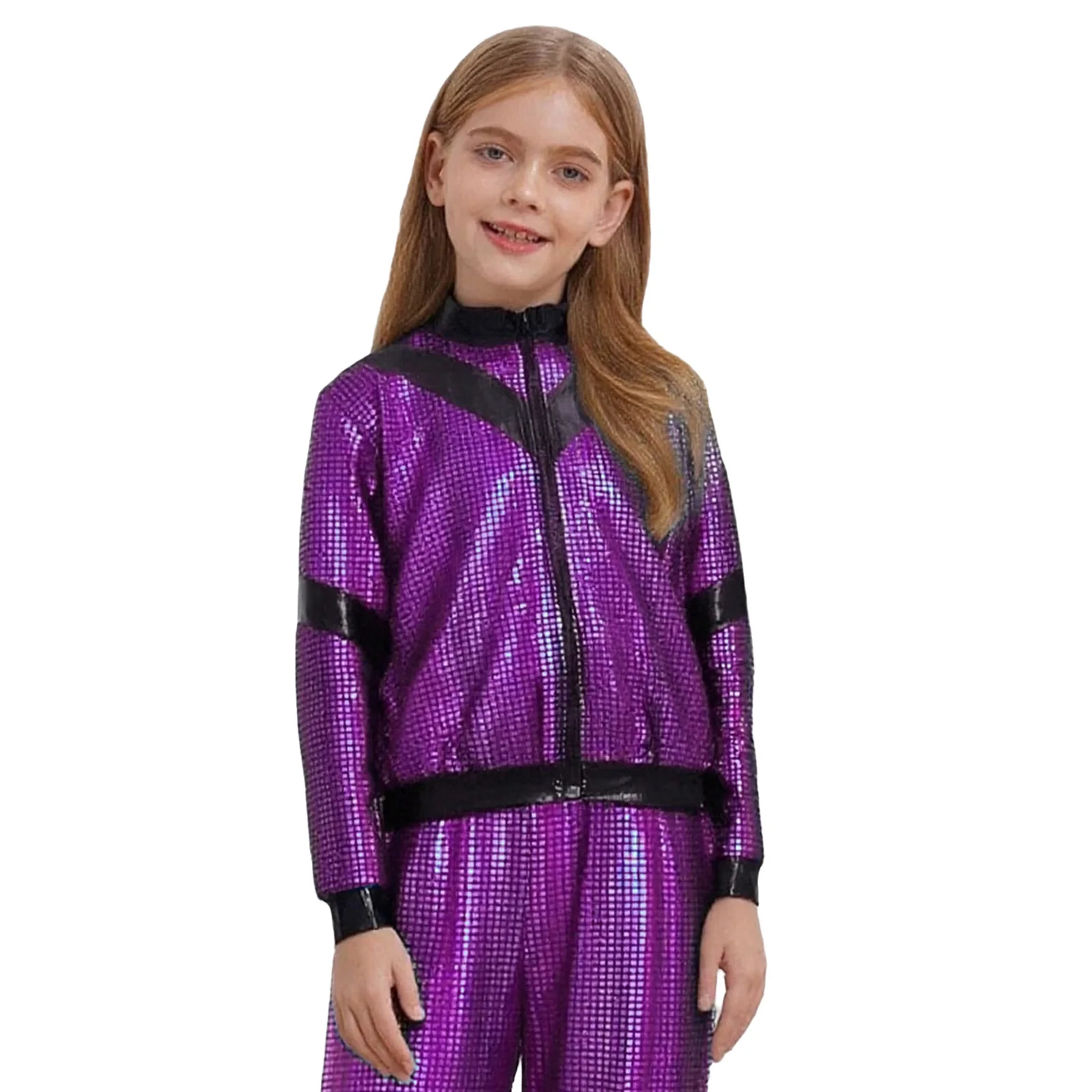 

Kids Boys Girls Jacket Coat Spring Autumn Long Sleeve Front Zipper Metallic Plaid Color Block Outwear Hip-Hop Jazz Dance Costume