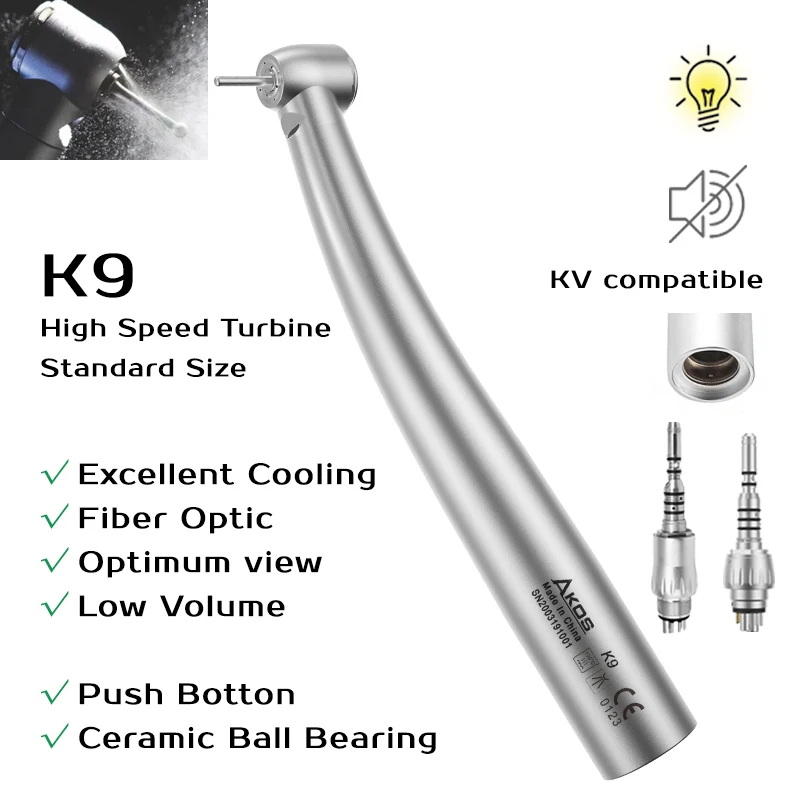 Dental LED Air Turbine Optical High Speed Handpiece Ceramic Bearing KV Coupler Quattro Standard Size Push Button Dentistry Tool