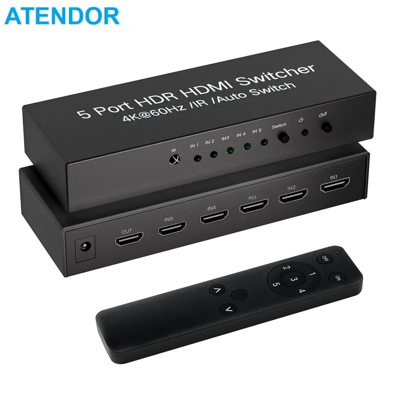 

HDMI​-compatible Switcher 5 In 1 Out Selector 4K60Hz HDR Dolby Vision HDCP2.2 Remote IR Control Auto Switch 18Gbps for XBOX HDTV