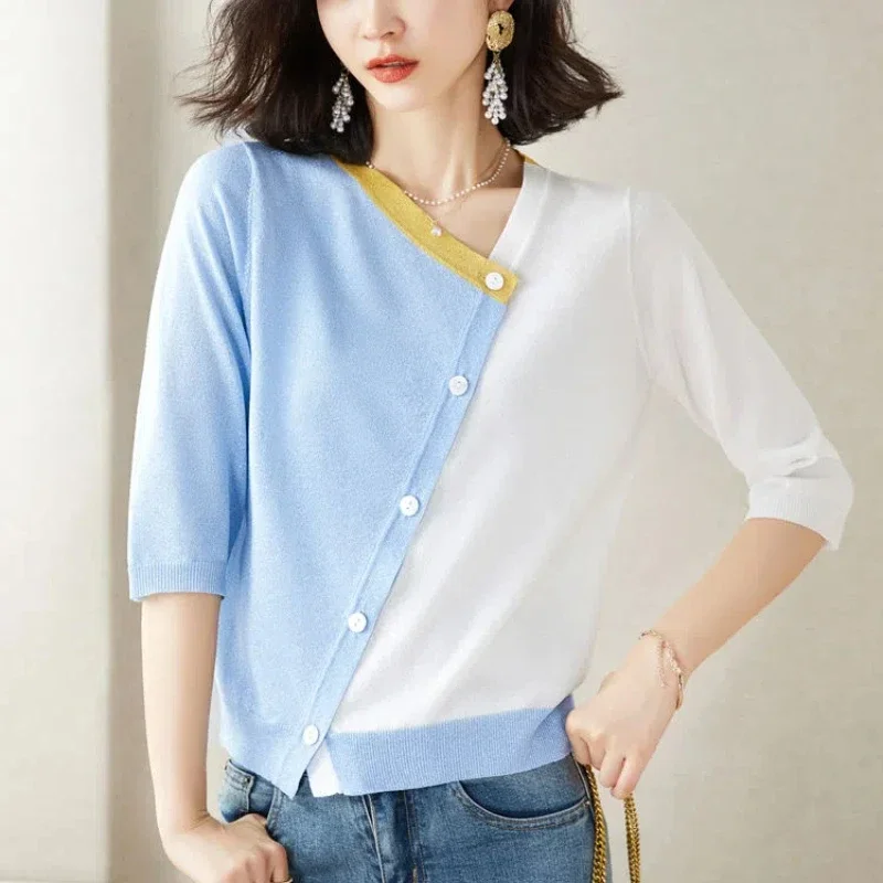 

Spring Autumn New Fashion V-neck Long Sleeve Patchwork Contrast Color Cardigan Women's Clothing Asymmetrical Youth All-match Top