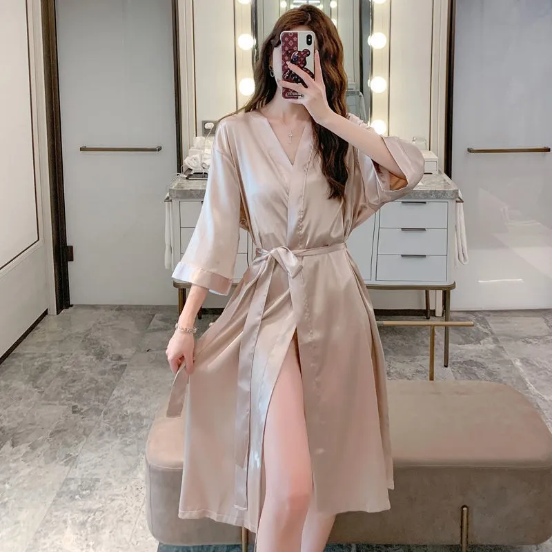 Satin Kimono Robe Long Sleeve Casual Home Clothing Intimate Lingerie Women Champagne Sleepwear Bathrobe Gown Nightwear