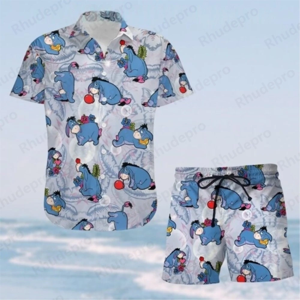 

Disney 2025 Eeyore Гавайская рубашка Пляжные шорты Костюм Мужской женский Пух Летняя повседневная рубашка с коротким рукавом для отдыха Комплект из 2 предметов