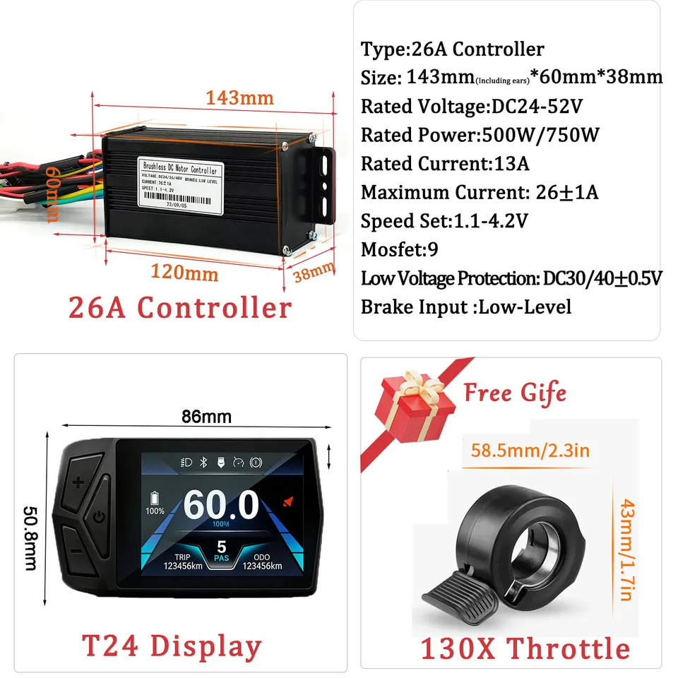 Ebike 24V/36V/48V/52V learning function sine wave controller and T24 display combination suitable for 350W-5000W motors image 8