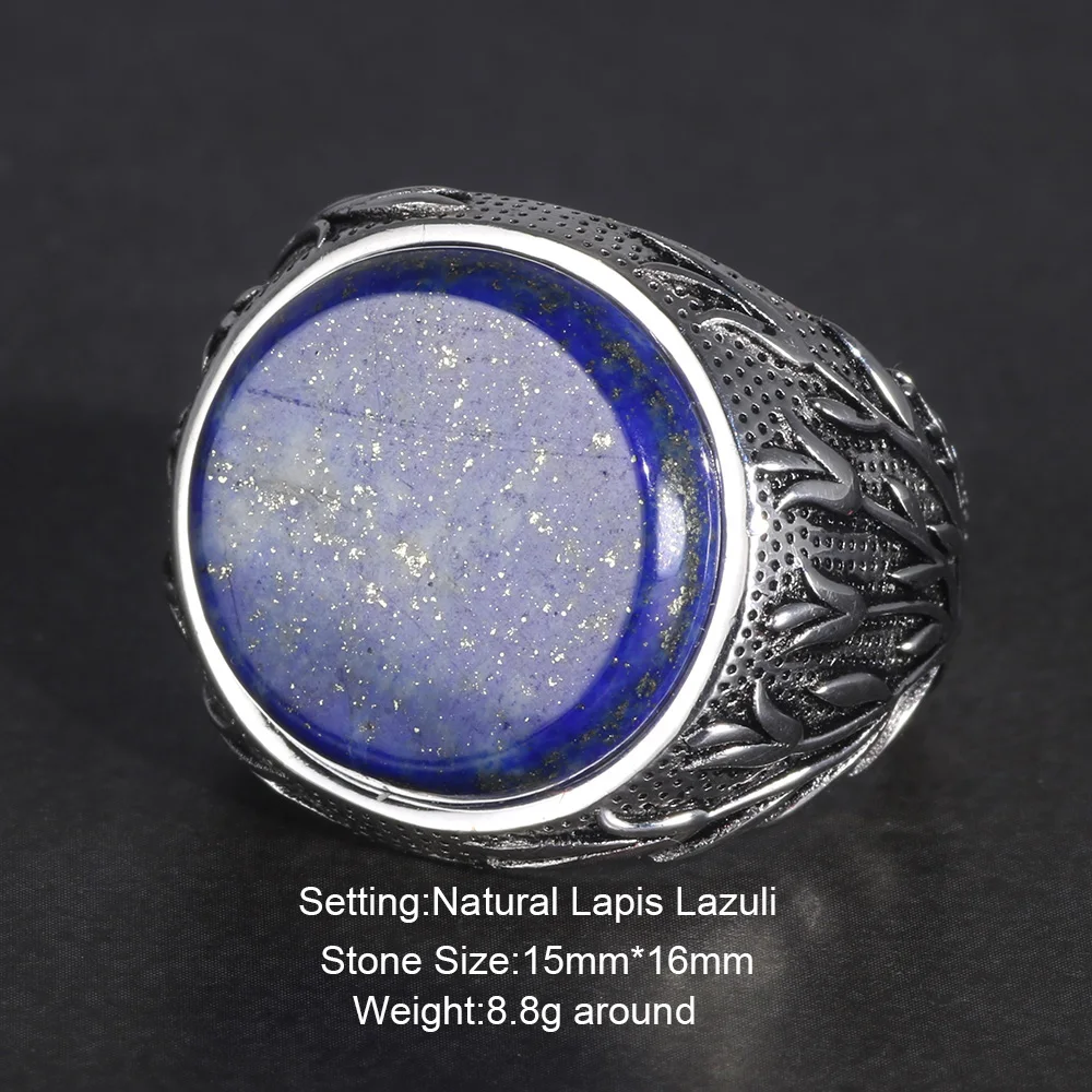 Genuine Solid 925 Sterling Silver Rings With Natural Lapis Lazuli Tree Branches Engraved Turkish Finger Rings Man Ring